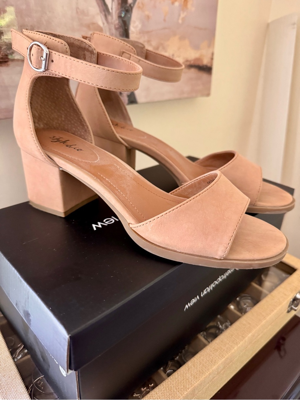 Womens Nude Block Heel Sandals with Ankle Strap